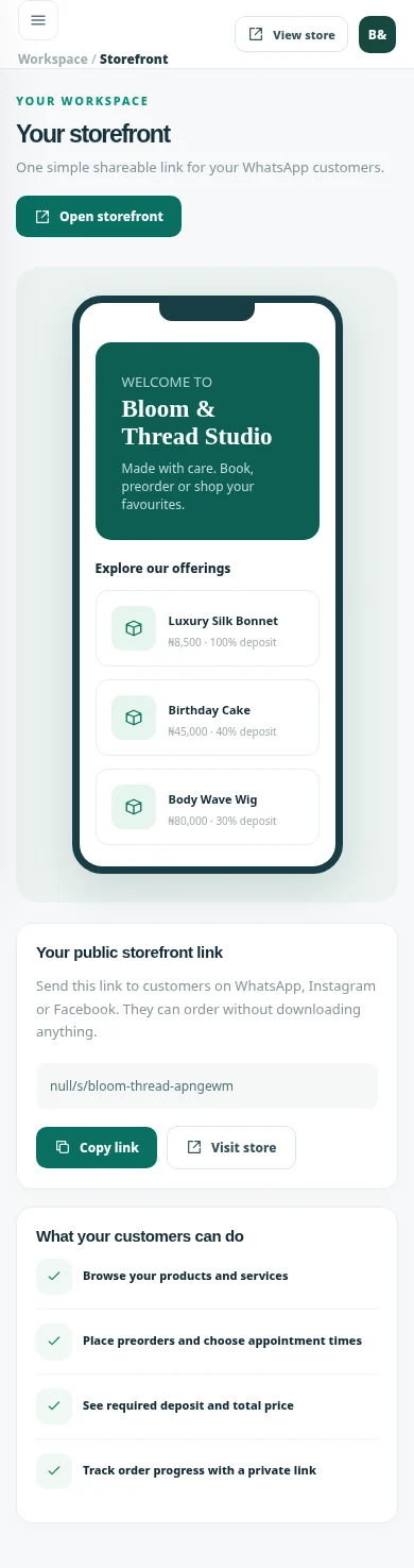 Example Vendaku mobile merchant workspace