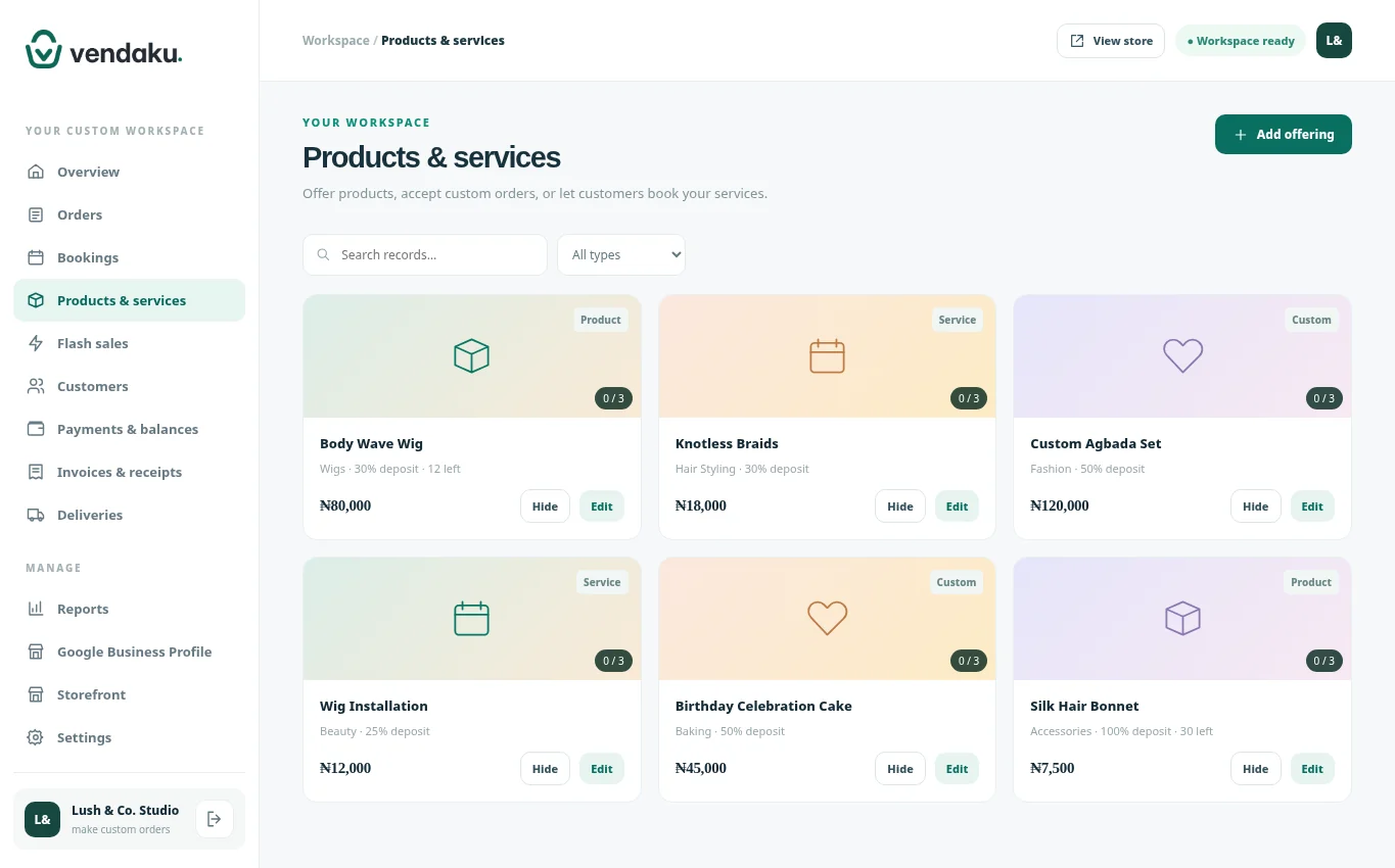 Vendaku sample workspace screenshot of Products and services