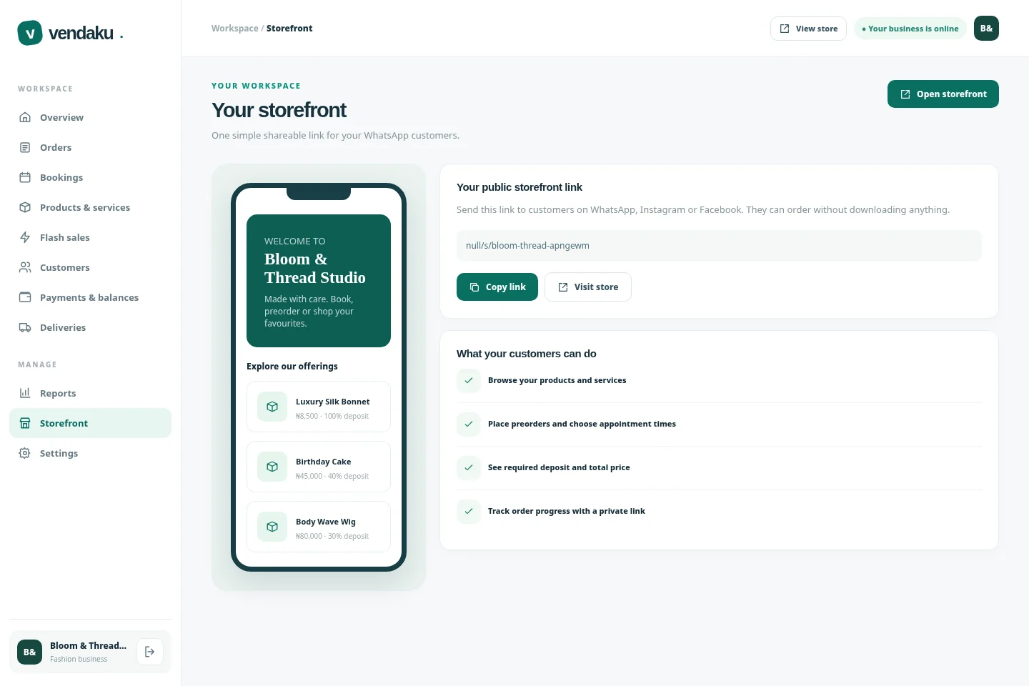 Vendaku sample workspace screenshot of Public storefront